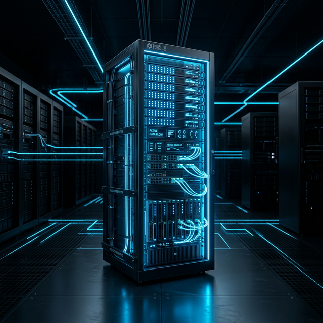A sleek glowing server rack in a dark futuristic environment