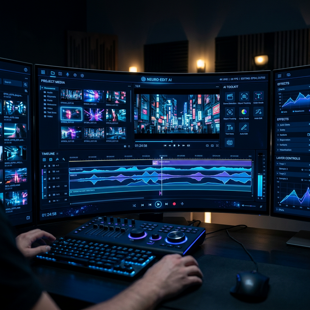 Futuristic digital interface for video editing powered by AI