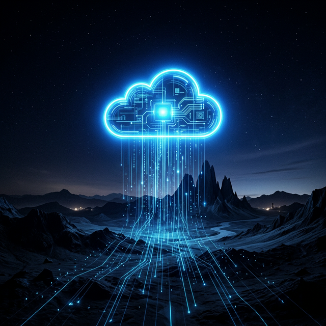 A solitary glowing digital cloud icon hovering over a dark landscape
