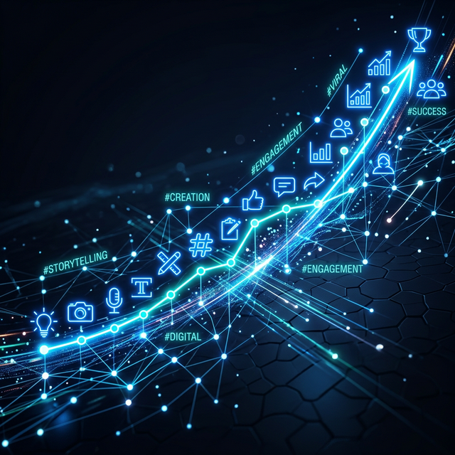 Glowing neon blue interconnected nodes forming a story arc
